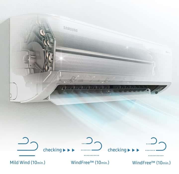 Shows the air conditioner cleaning itself by blowing mild air for 10 minutes, or adding an extra 10 or 20 minutes of WindFree™ air if necessary.