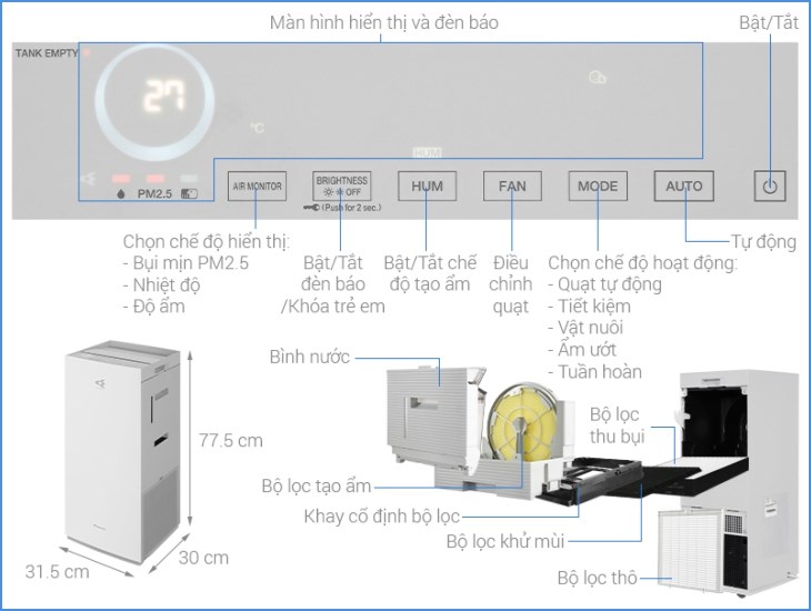 Máy lọc không khí Daikin MCK70ZVM7-W 82W Máy lọc không khí Daikin MCK70ZVM7-W 82W sử dụng công nghệ Twin Streamer, lọc được bụi mịn PM2.5, PM0.3